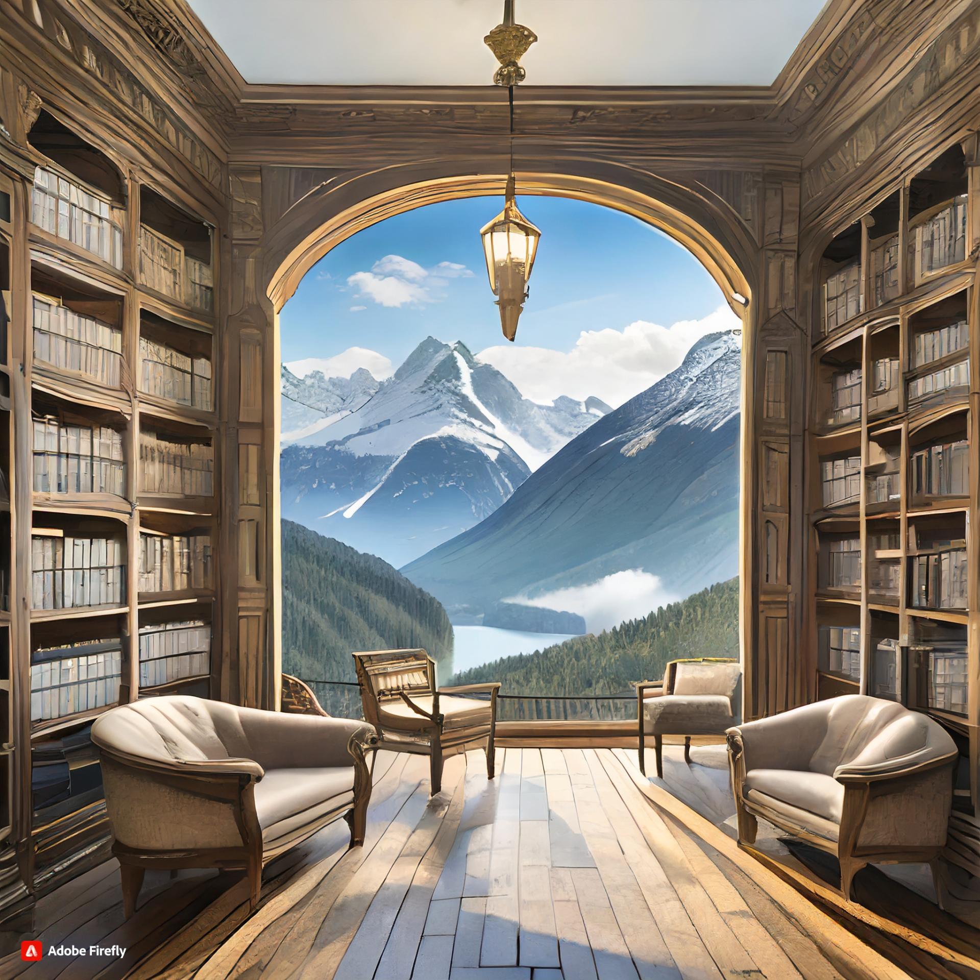 Firefly bibliotheque style 18ieme siecle avec une ouverture sur un paysage de montagne 48846